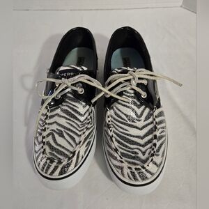 Sperry Bahama Zebra Sequins Boat Shoes Size 8.5 Black & White